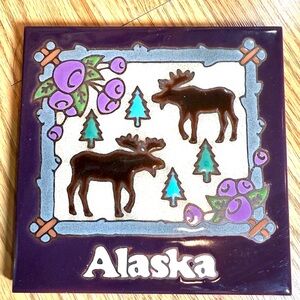 Alaska Folk Art Handcrafted Ceramic Tile Trivet Moose Pines And Berries
